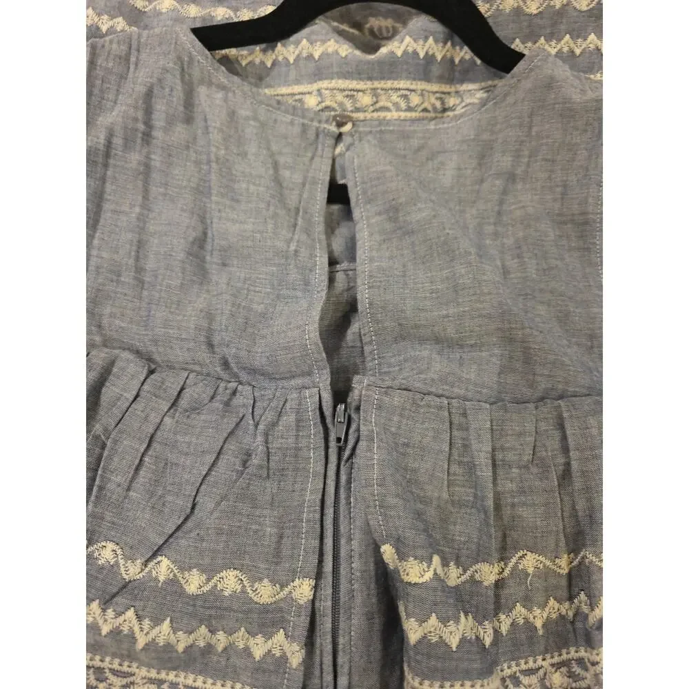 Mi Ami Francesca Blue Cold Shoulder Dress White Fringe Lace Sz L Western Boho - Picture 8 of 8